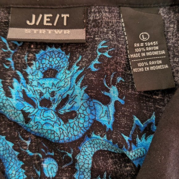 Vintage Shirt Men's Large Black Blue Flames Button Up Short Sleeve Dragon AOP - Picture 5 of 7